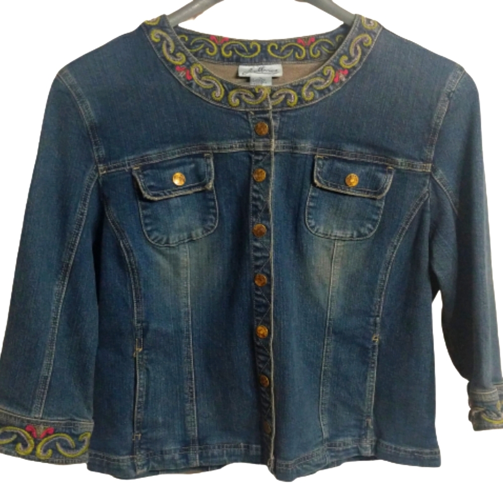 J. Marco Denim Bead Trim Jacket Women's Sz L Jean Stretch Beaded 